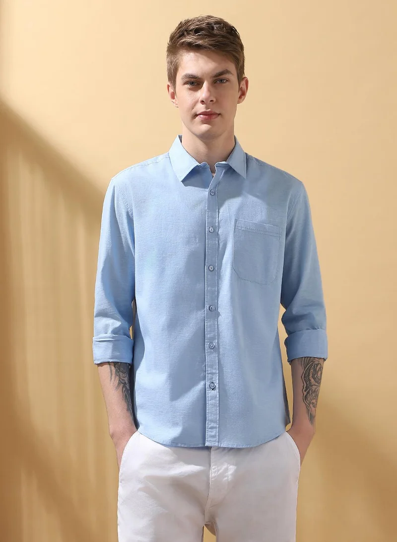 Dennis Lingo Men's Light Blue 100% Cotton Textured Button Down Regular FiT-Shirt