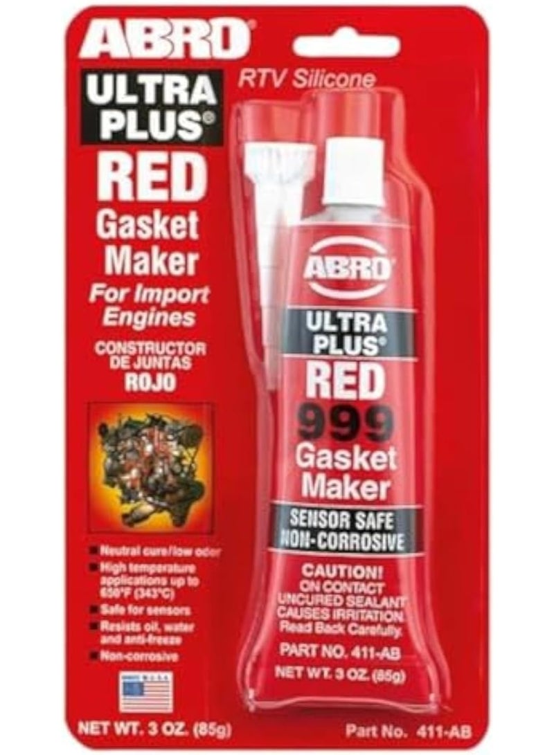 Abro ABRO Ultra Plus 999 RTV Silicone Sealant and Gasket Maker, for Import Engines, Sensor Safe, Non-Corrosive, High Temp Silicone Sealant/Head Gasket Sealant, 650 Degrees F, 3 oz. Tube - Red 