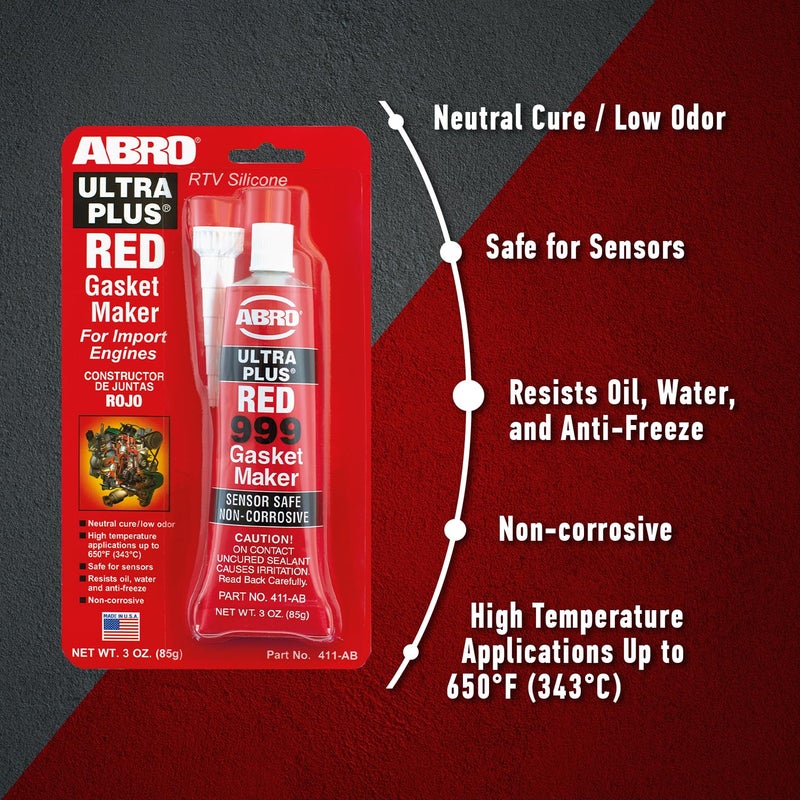 ABRO Ultra Plus 999 RTV Silicone Sealant and Gasket Maker, for Import Engines, Sensor Safe, Non-Corrosive, High Temp Silicone Sealant, 650 Degrees F, 3 oz. Tube - Red - Image 2