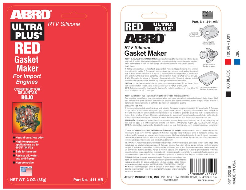 ABRO Ultra Plus 999 RTV Silicone Sealant and Gasket Maker, for Import Engines, Sensor Safe, Non-Corrosive, High Temp Silicone Sealant, 650 Degrees F, 3 oz. Tube - Red - Image 5
