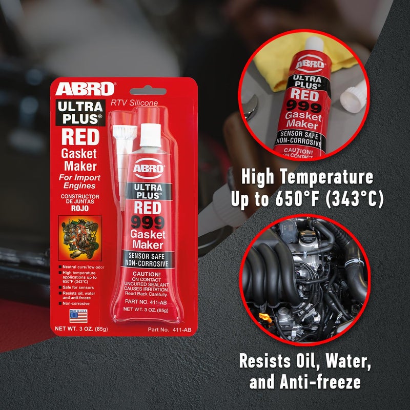 ABRO Ultra Plus 999 RTV Silicone Sealant and Gasket Maker, for Import Engines, Sensor Safe, Non-Corrosive, High Temp Silicone Sealant, 650 Degrees F, 3 oz. Tube - Red - Image 3