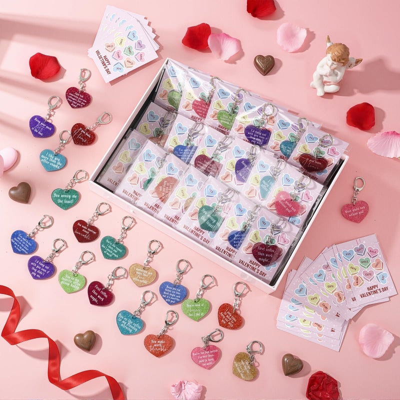 Kenning 40 Sets Valentine Day Gifts for Coworkers Bulk Glitter Heart Shaped Keychain and Valentine Cards for Valentines Party Favors - Image 4