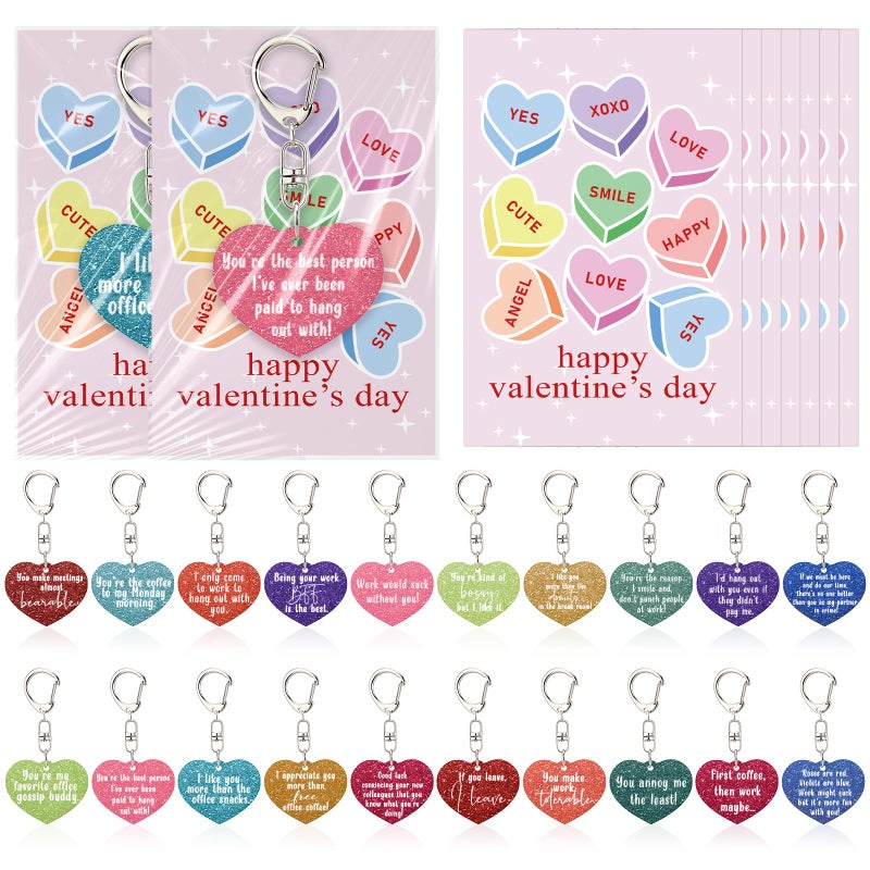 Kenning 40 Sets Valentine Day Gifts for Coworkers Bulk Glitter Heart Shaped Keychain and Valentine Cards for Valentines Party Favors - Image 1