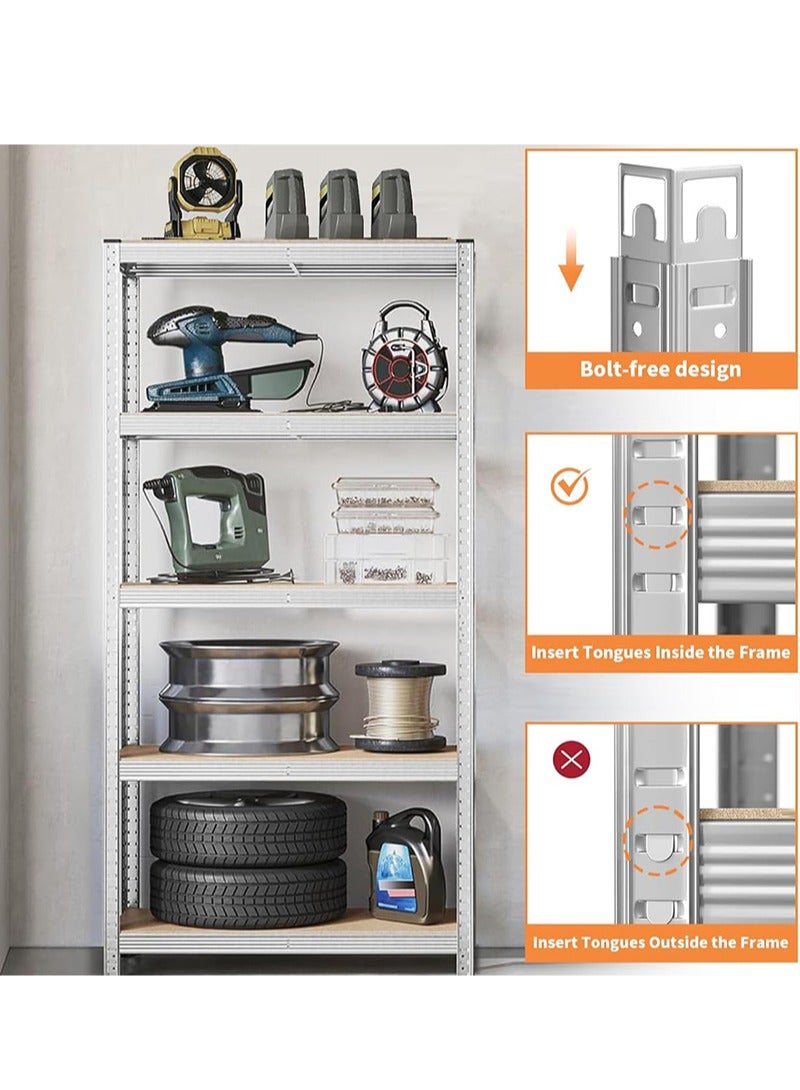 يواوليتي رفوف تخزين من 5 طبقات، ارفف تخزين قابلة للتعديل رف تخزين مرآب بدون مسامير لتخزين المرآب لسقيفة المستودع والطابق السفلي (فضي) - Image 3