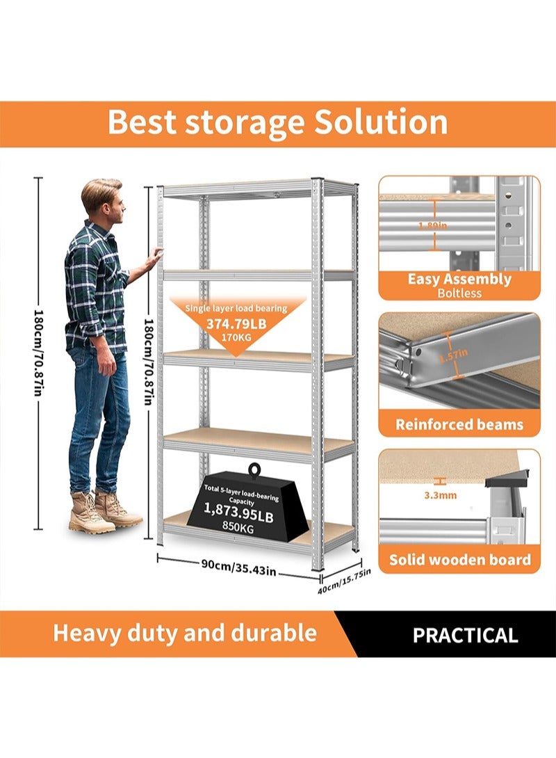 يواوليتي رفوف تخزين من 5 طبقات، ارفف تخزين قابلة للتعديل رف تخزين مرآب بدون مسامير لتخزين المرآب لسقيفة المستودع والطابق السفلي (فضي) - Image 4