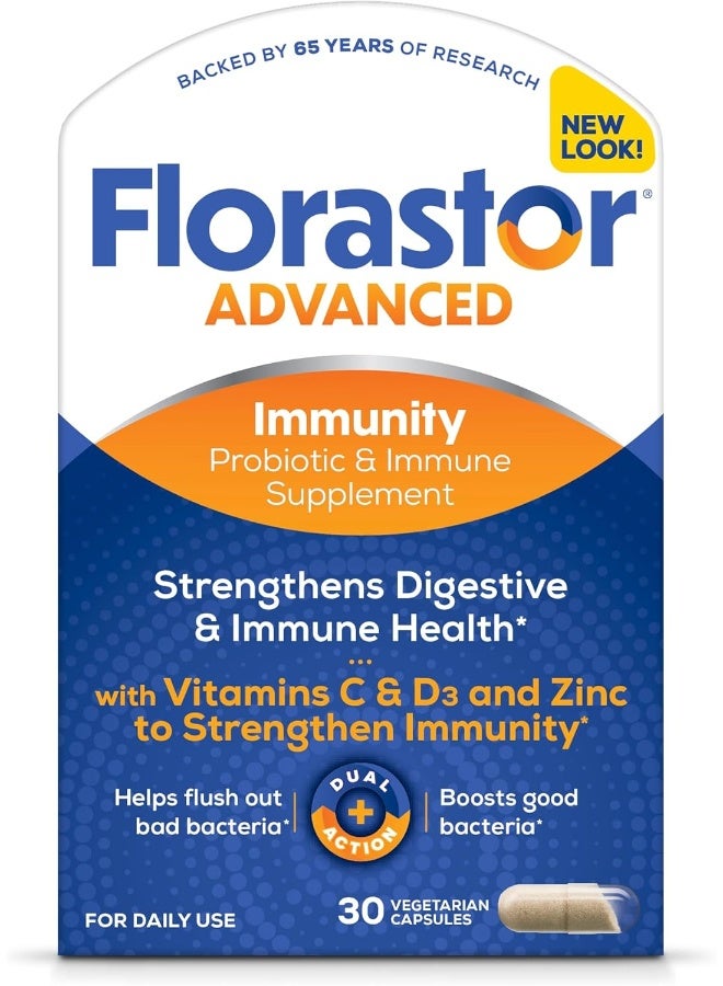 Florastor plus Daily Probiotic Supplement For Men & Women – Saccharomyces Boulardii Lyo Cncm I-745 Plus Zinc, Vitamin C & D3 (30 Capsules Per Box) - Image 1