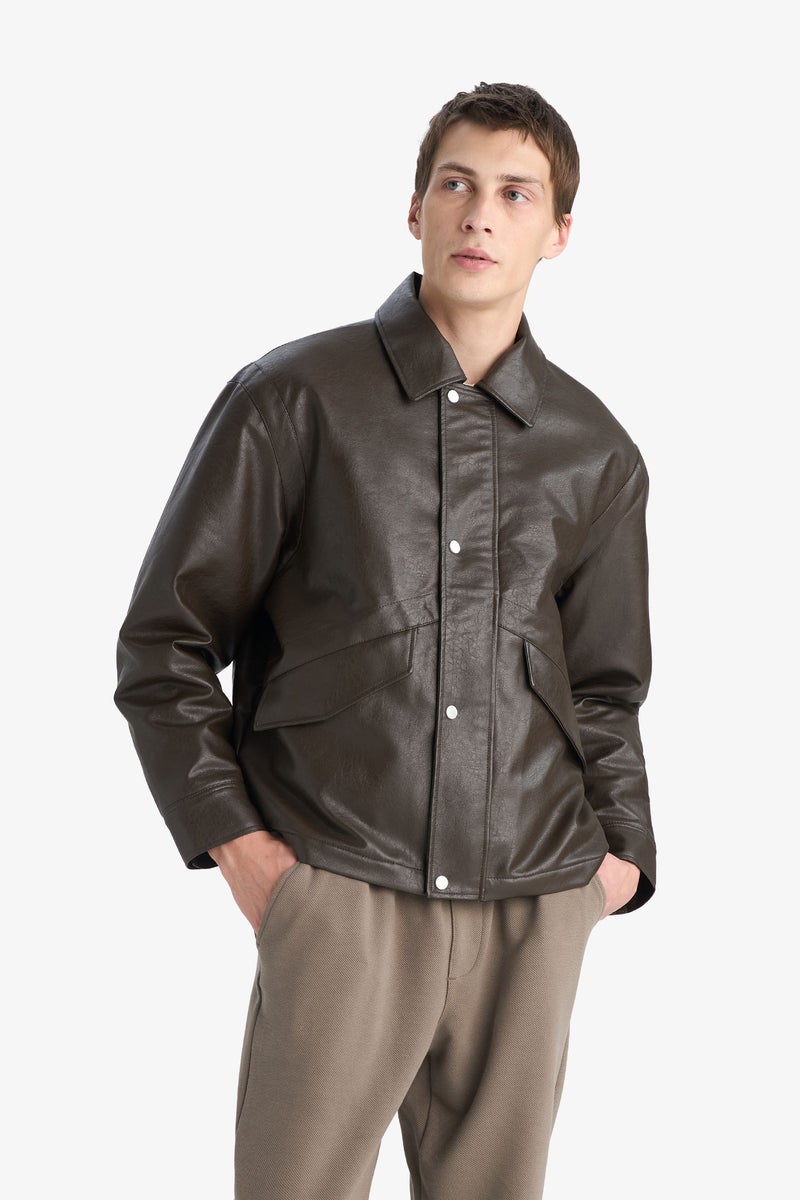 DeFacto Brown Man Waterproof Zippered Faux Leather Jacket Casual - Image 3