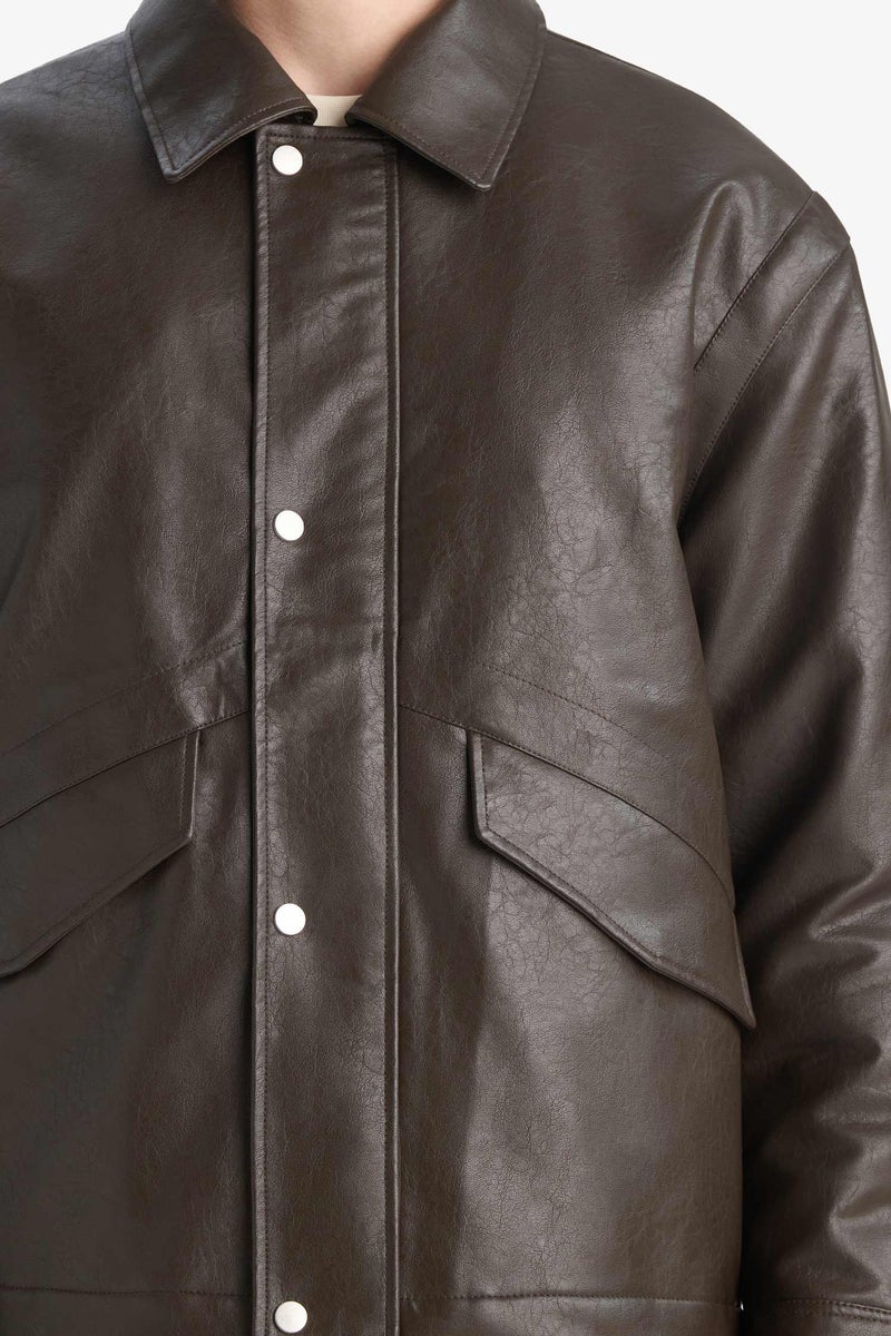 DeFacto Brown Man Waterproof Zippered Faux Leather Jacket Casual - Image 4