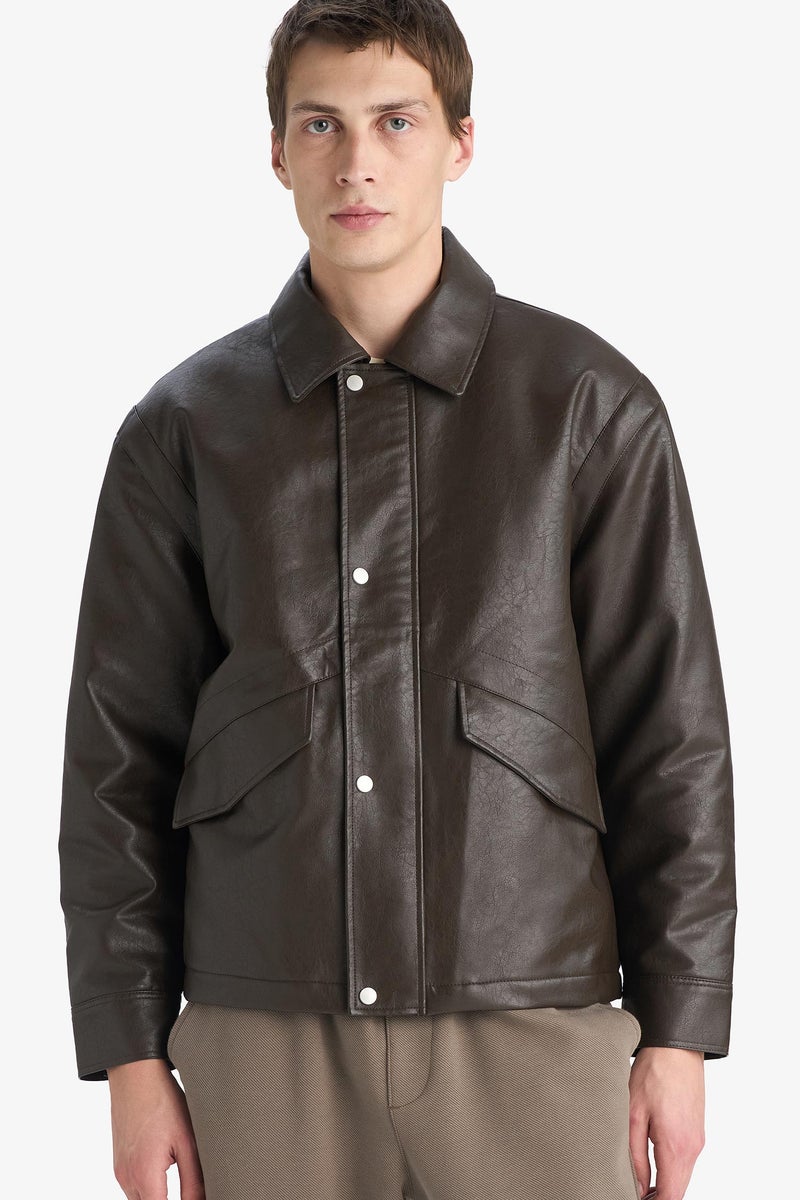 DeFacto Brown Man Waterproof Zippered Faux Leather Jacket Casual - Image 1