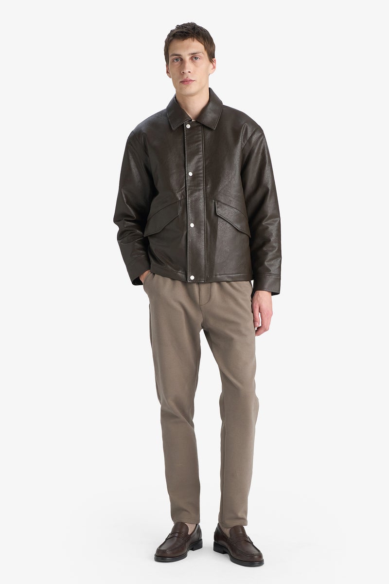 DeFacto Brown Man Waterproof Zippered Faux Leather Jacket Casual - Image 2