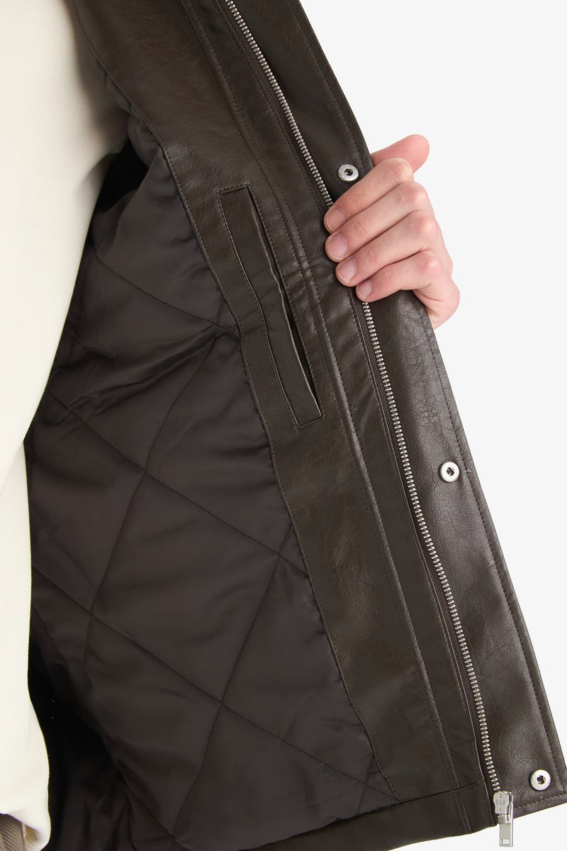 DeFacto Brown Man Waterproof Zippered Faux Leather Jacket Casual - Image 5