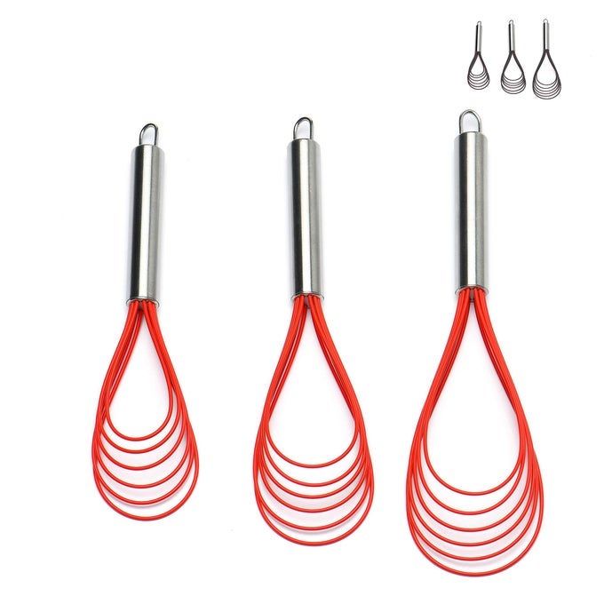 FLAT WHISK SETSTAINLESS STEEL 3 PACK 101112 PREMIUM STURDY6 SILICONE HEADS NON STICK WIRES WHISK FOR BLENDING BEATING STIRRING KITCHEN COOKING COLOR RED BY JELLCELL