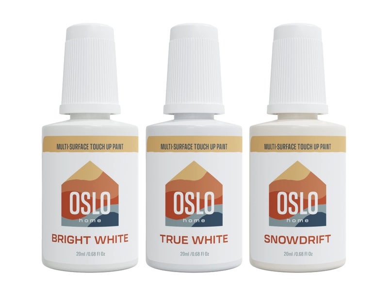 Oslo Home 3 White Color Touch Up Paint Kit – Most Popular Home and Rental Colors with Brush in Bottle - For Repairs, Walls, Trim, Cabinets, Furniture, Shutters and More, Made in USA - Image 1
