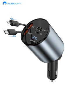 ايسكوت شاحن سيارة قابل للسحب، شاحن سيارة سريع 4 في 1 بقدرة، كيبلات قابلة للسحب ومنفذي USB A+C، محول شاحن سيارة متوافق مع ايفون سيريس وجالكسي S23/ S22/S10، جوجل  - Image 1