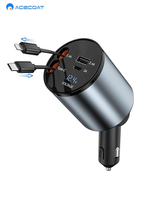 Retractable Car Charger, 4 in 1 Type C Super Fast Car Charger Adapter with Two Retractable iPhone Charger Cables and Two Car Phone Charger Ports for iPhone 15/14/iPad,Samsung S24/S23,Google