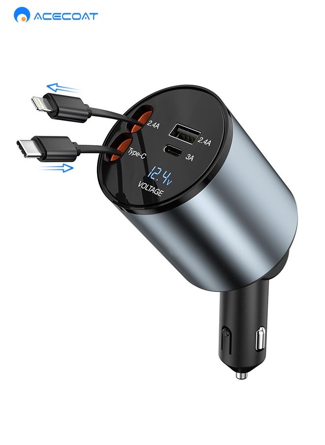 ايسكوت شاحن سيارة قابل للسحب، شاحن سيارة سريع 4 في 1 بقدرة، كيبلات قابلة للسحب ومنفذي USB A+C، محول شاحن سيارة متوافق مع ايفون سيريس وجالكسي S23/ S22/S10، جوجل  - Image 1