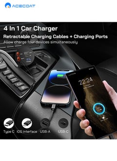 ايسكوت شاحن سيارة قابل للسحب، شاحن سيارة سريع 4 في 1 بقدرة، كيبلات قابلة للسحب ومنفذي USB A+C، محول شاحن سيارة متوافق مع ايفون سيريس وجالكسي S23/ S22/S10، جوجل  - Image 2