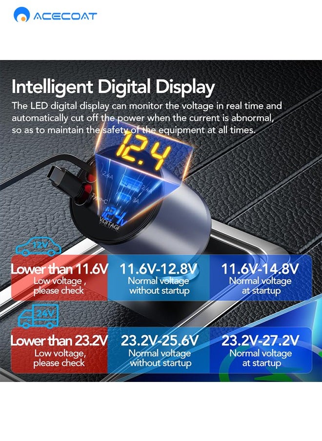ايسكوت شاحن سيارة قابل للسحب، شاحن سيارة سريع 4 في 1 بقدرة، كيبلات قابلة للسحب ومنفذي USB A+C، محول شاحن سيارة متوافق مع ايفون سيريس وجالكسي S23/ S22/S10، جوجل  - Image 3