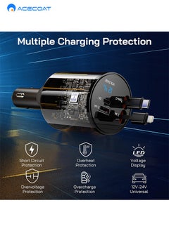 ايسكوت شاحن سيارة قابل للسحب، شاحن سيارة سريع 4 في 1 بقدرة، كيبلات قابلة للسحب ومنفذي USB A+C، محول شاحن سيارة متوافق مع ايفون سيريس وجالكسي S23/ S22/S10، جوجل  - Image 5
