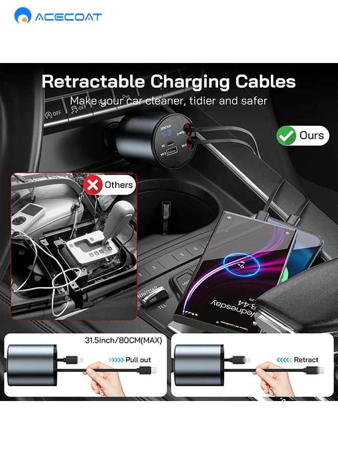 Retractable Car Charger, 4 in 1 Type C Super Fast Car Charger Adapter with Two Retractable iPhone Charger Cables and Two Car Phone Charger Ports for iPhone 15/14/iPad,Samsung S24/S23,Google