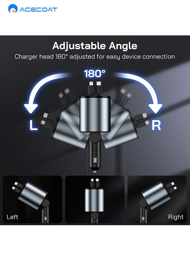 ايسكوت شاحن سيارة قابل للسحب، شاحن سيارة سريع 4 في 1 بقدرة، كيبلات قابلة للسحب ومنفذي USB A+C، محول شاحن سيارة متوافق مع ايفون سيريس وجالكسي S23/ S22/S10، جوجل  - Image 4