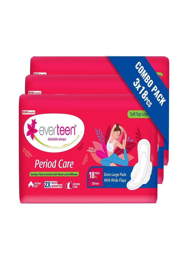 everteen Soft XL - 54 Sanitary Pads for Women, 285mm Cotton Sanitary Napkin X-Large, Suitable for Medium Flow, Prevents Wetness & Leakage, Deep Absorption - Pack of 3 - Image 1