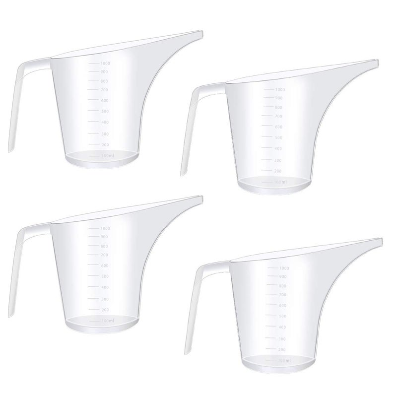 Fireboomoon 4 Pack Plastic Funnel Pitcher,Large Capacity Long Spout Measuring Cup for Bakeware Molds,Pancake,Batter,Muffin,Cakes,Soap Making(4 Cups/32 Ounces/1000 ml)