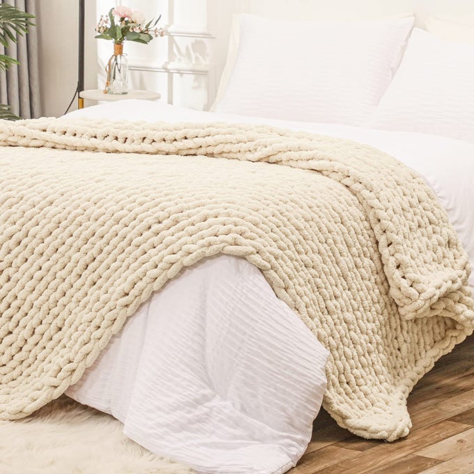 CHUNKY KNIT THROW BLANKET FOR COUCH 60X80 INCHES 100 HAND KNITTED WITH THICK JUMBO CHENILLE YARN COZY SOFT LARGE ROPE KNOT CABLE CROCHET BLANKETS FOR SOFA BED LIVING ROOM BEIGE
