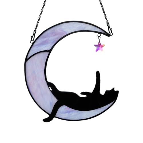 BOXCASA Black Cat Moon Suncatchers for Windows HangingFunny Stained Glass Cats GiftWitchy Gifts for WomenCats Themed Gifts for Women - Image 1