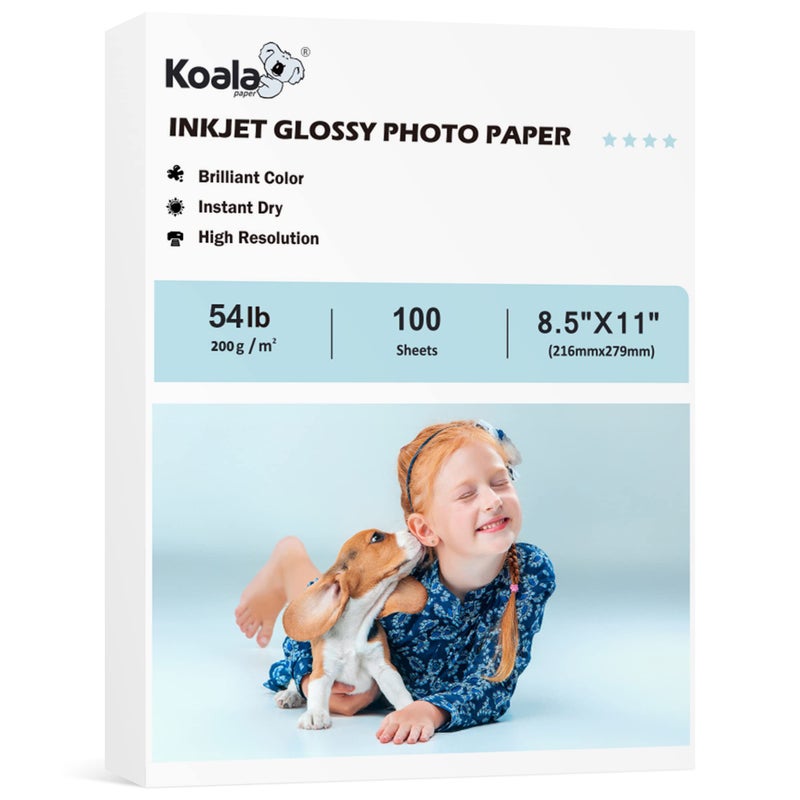 KOALA PAPER ورق صور لامع من كوالا لطابعات الحبر النفاث 8.5X11 بوصة 100 ورقة 54 رطل للاستخدام مع طابعات الحبر صبغة للصور العائلية بحجم رسالة 200 جرام في المتر المربع - Image 1