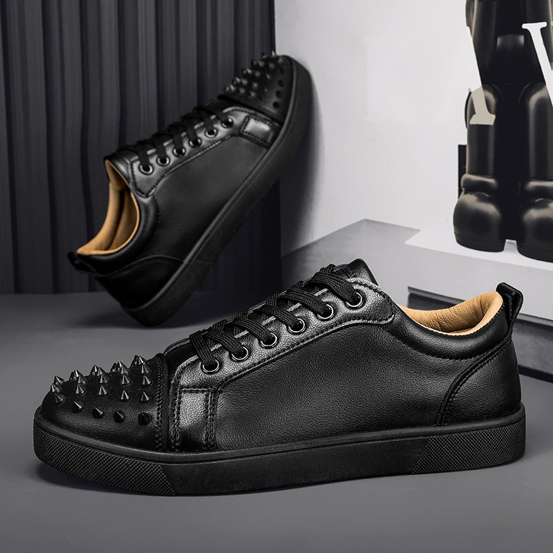 Mens CL Red Bottom Rivet Casual Shoes Simple Social Mens Board Shoes Fashion Trend Real Super Fiber Leather Shoes White Shoes All black - Image 1