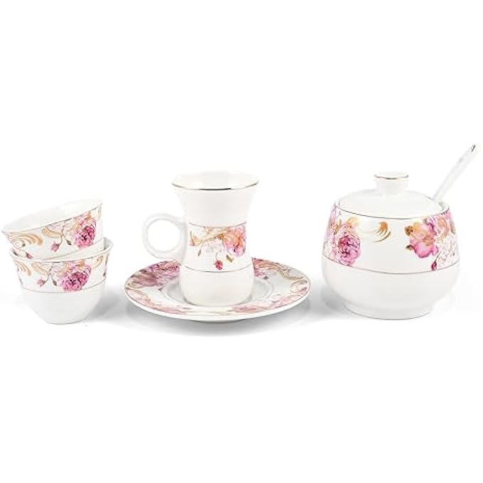 rayihni Pink Flowers Design Porcelain Tea And Coffee Serving Set 27Pieces Ivory - Image 2