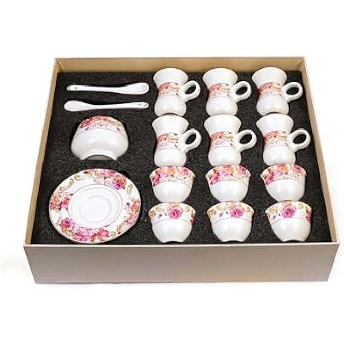 rayihni Pink Flowers Design Porcelain Tea And Coffee Serving Set 27Pieces Ivory - Image 3