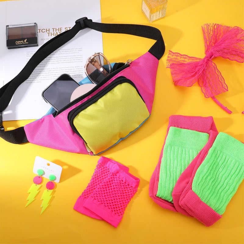 ZhouBoat 5Pcs 80s Accessories for Women, Neon Costume Set with 80s Fanny Pack Hairband Fishnet Gloves Earrings Socks for Halloween Themed Party - Image 5