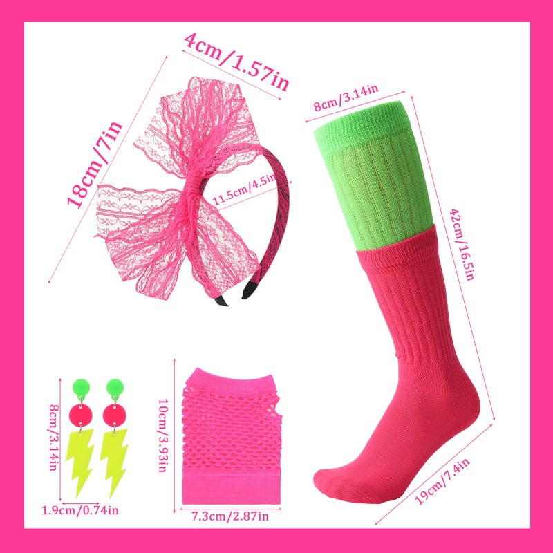 ZhouBoat 5Pcs 80s Accessories for Women, Neon Costume Set with 80s Fanny Pack Hairband Fishnet Gloves Earrings Socks for Halloween Themed Party - Image 2