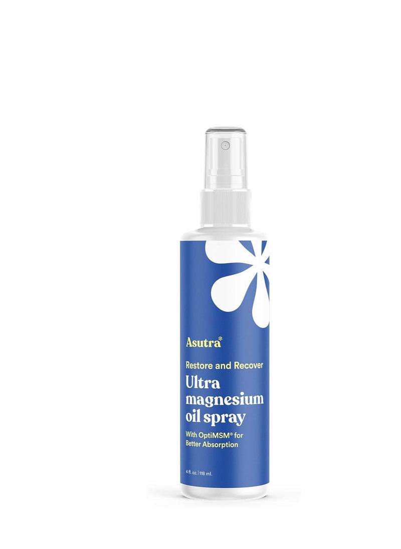 Asutra ASUTRA Ultra Magnesium Oil Spray with OptiMSM, 4 fl oz - Topical Magnesium, Rapid Absorption, Pure, Odorless and non-greasy, Magnesium Derived from Zechstein Seabed  - Image 1