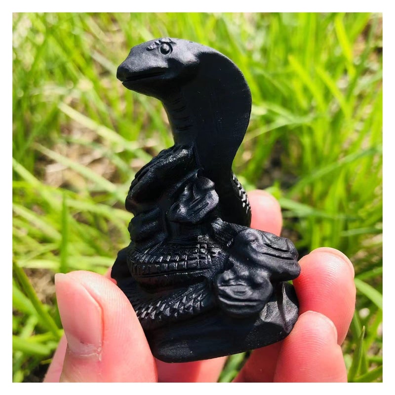 تمثال كريستال أفعى الكوبرا من حجر السبج الأسود المنحوت يدويًا 60-70 مم ديكور المنزل - Image 5