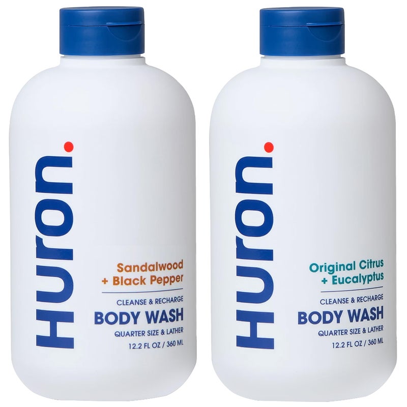 Huron Body Wash Scent Duo - Citrus + Eucalyptus & Sandalwood + Black Pepper Scents - Menâ€™s Body Wash - Made With Coconut Oil, Vitamin E & Witch Hazel - Vegan, Cruelty-Free - 2 Pack, 12.2 fl oz - Image 1