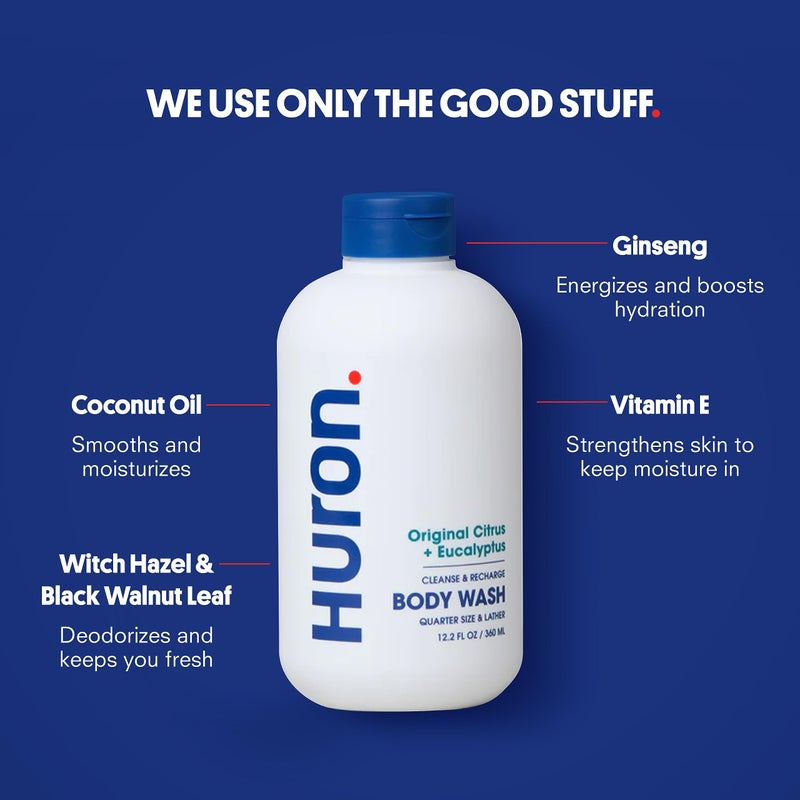 Huron Body Wash Scent Duo - Citrus + Eucalyptus & Sandalwood + Black Pepper Scents - Menâ€™s Body Wash - Made With Coconut Oil, Vitamin E & Witch Hazel - Vegan, Cruelty-Free - 2 Pack, 12.2 fl oz - Image 3