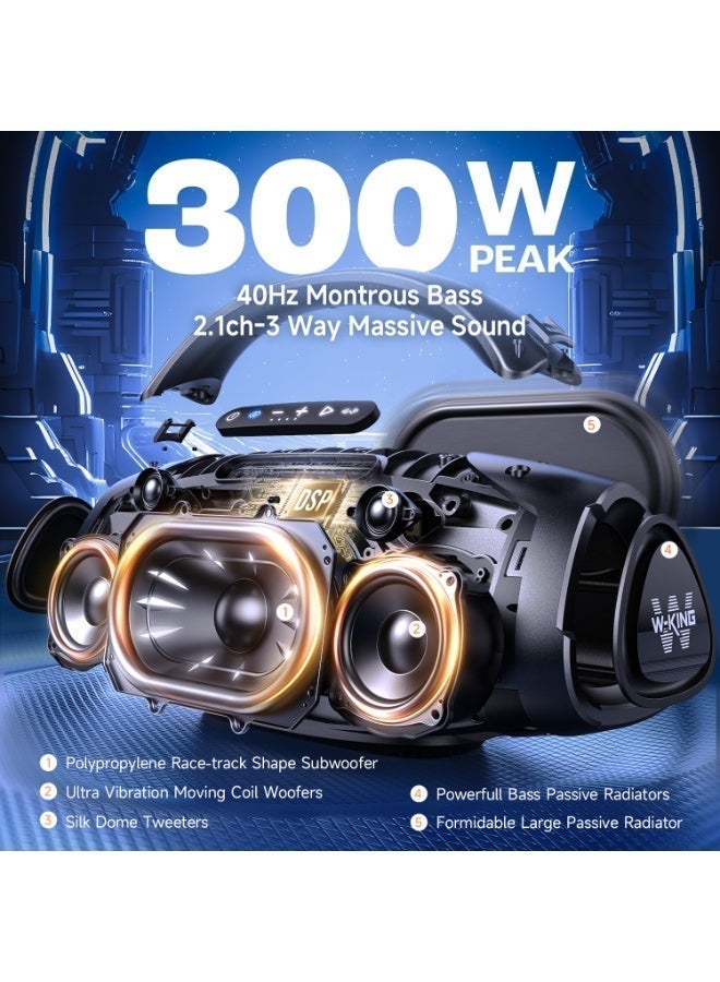W-KING 300W Peak Loudest Boom Box with Two Microphones, 7.5" Subwoofer/2.1Ch/IPX7 Waterproof, 200W RMS Party Large Bluetooth Speaker Wireless with 2 Woofers/DSP/BT5.4/APP/Fast Charge/OTG/AUX/Guitar-in, Massive Bass for Outdoors - Image 3