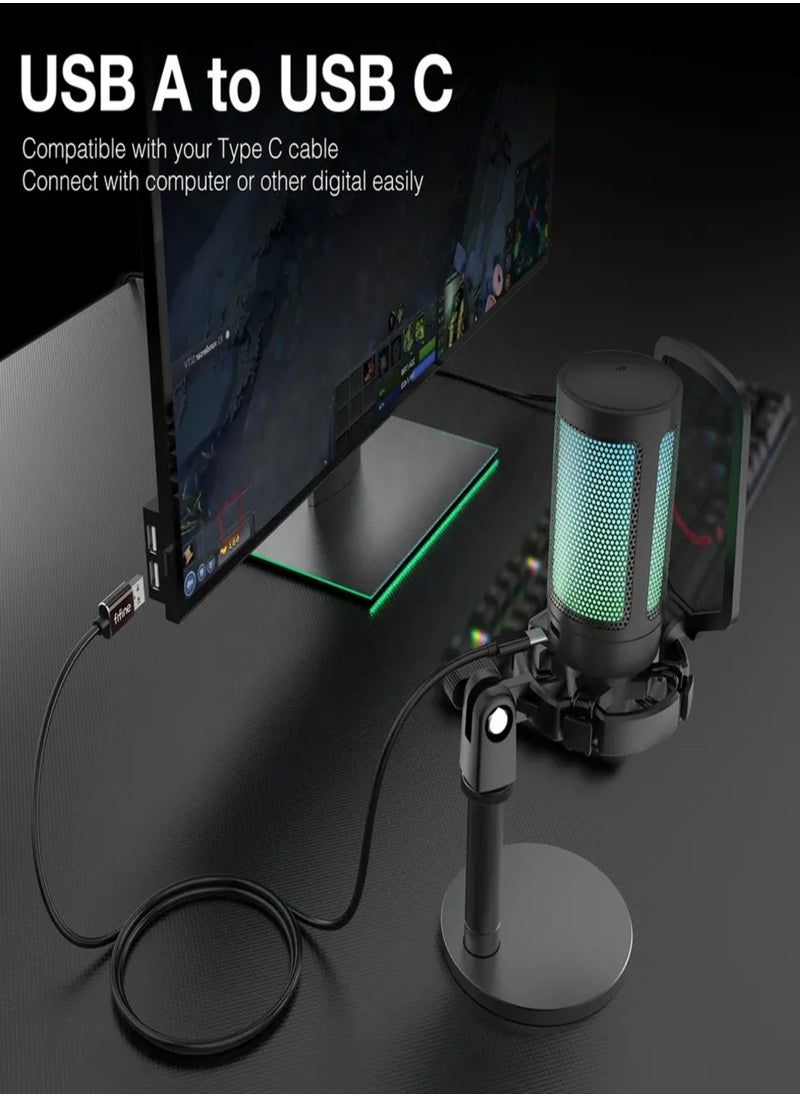 فيفين ميكروفون USB للألعاب من فيفن لجهاز الكمبيوتر PS5، ميكروفون مكثف FIFINE مع كتم صوت سريع، مؤشر RGB، حامل، مرشح بوب، حامل للصدمات، التحكم في بث مقاطع فيديو ديسكورد تويتش بودكاست- A6  - Image 3
