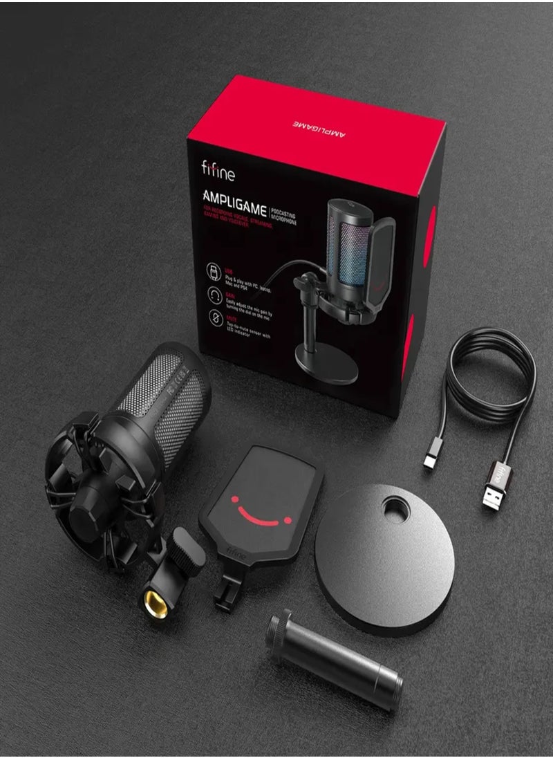 FIFINE - FIFINE Gaming USB Microphone for PC PS5, FIFINE Condenser Mic with Quick Mute, RGB Indicator, Stand, Pop Filter, Shock Mount, Gain Control for Streaming Discord Twitch Podcasts Videos- AmpliGame - A6 - Image 1