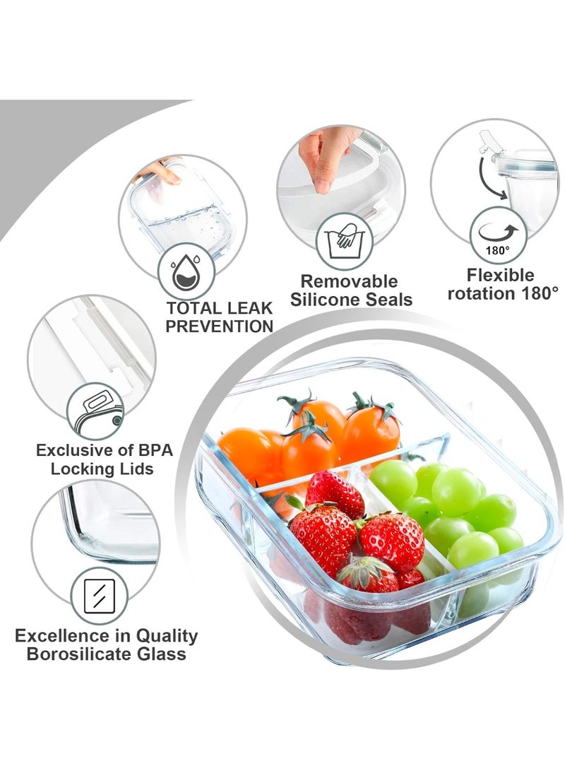 Happy Home 1 Pack 3-Compartment Glass Meal Prep Containers 1040ml Airtight Glass Lunch Containers, Glass Food Storage Containers with Lids, Suitable for Microwave, Oven, Freezer and Dishwasher - Image 4