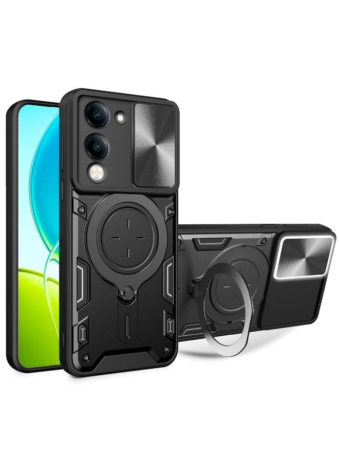 SanHu for vivo Y29s 5G Case, Slide Camera Lens Cover, Magnetic Ring Holder Kickstand Protective Phone Case for vivo Y29s 5G, Black
