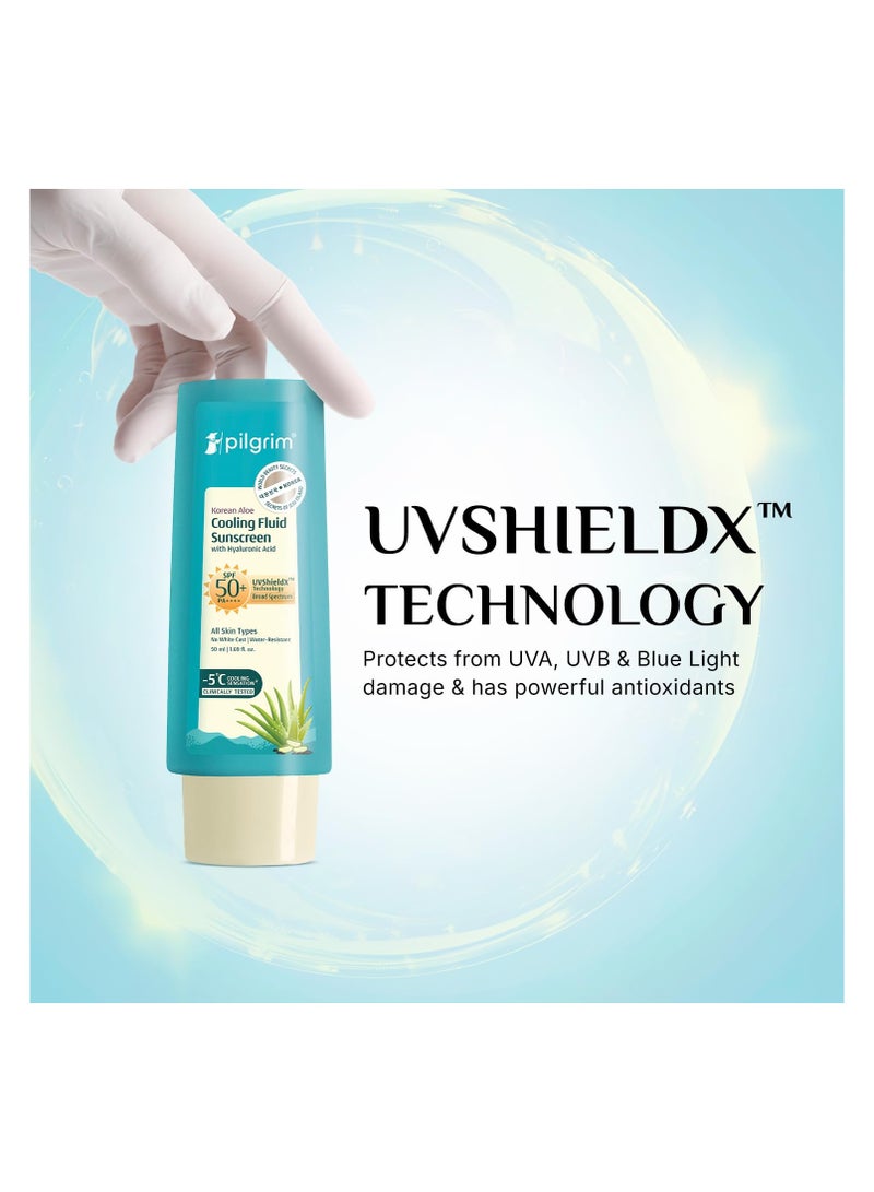 Pilgrim Korean Aloe Cooling Fluid Sunscreen SPF 50+ PA++++ with Hyaluronic Acid | No White Cast | Prevents Tanning | Lightweight & Water-Resistant | For All Skin Types | For Women and Men | 50ml - Image 2