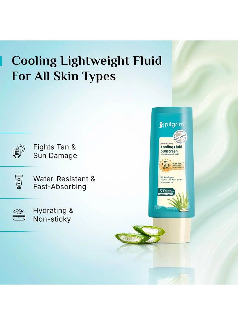 Pilgrim Korean Aloe Cooling Fluid Sunscreen SPF 50+ PA++++ with Hyaluronic Acid | No White Cast | Prevents Tanning | Lightweight & Water-Resistant | For All Skin Types | For Women and Men | 50ml - Image 5