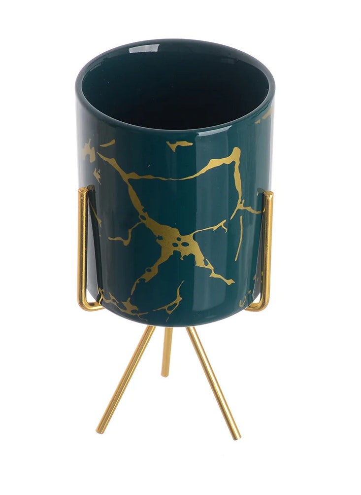 Decorhills Ceramic Flower Pot Planter & Vase Marble with Gold Stand Modern Elegant Minimalist, Home, Living Room, and Office Décor – Decorative Centerpiece  - Image 1