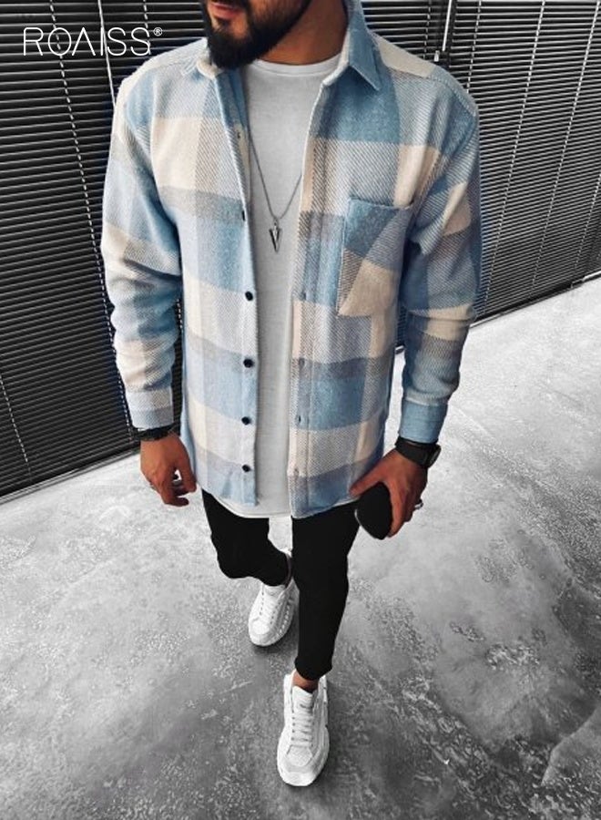 رويس قميص رجالي من الصوف الثقيل بأكمام طويلة وقميص منقوش من الفلانيل وأزرار وربطة عنق وأكمام طويلة وقميص رجالي كاجوال عصري وإصدار فضفاض للرجال للعمل والمكتب - Image 3