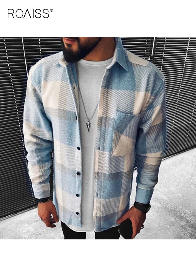 رويس قميص رجالي من الصوف الثقيل بأكمام طويلة وقميص منقوش من الفلانيل وأزرار وربطة عنق وأكمام طويلة وقميص رجالي كاجوال عصري وإصدار فضفاض للرجال للعمل والمكتب - Image 4