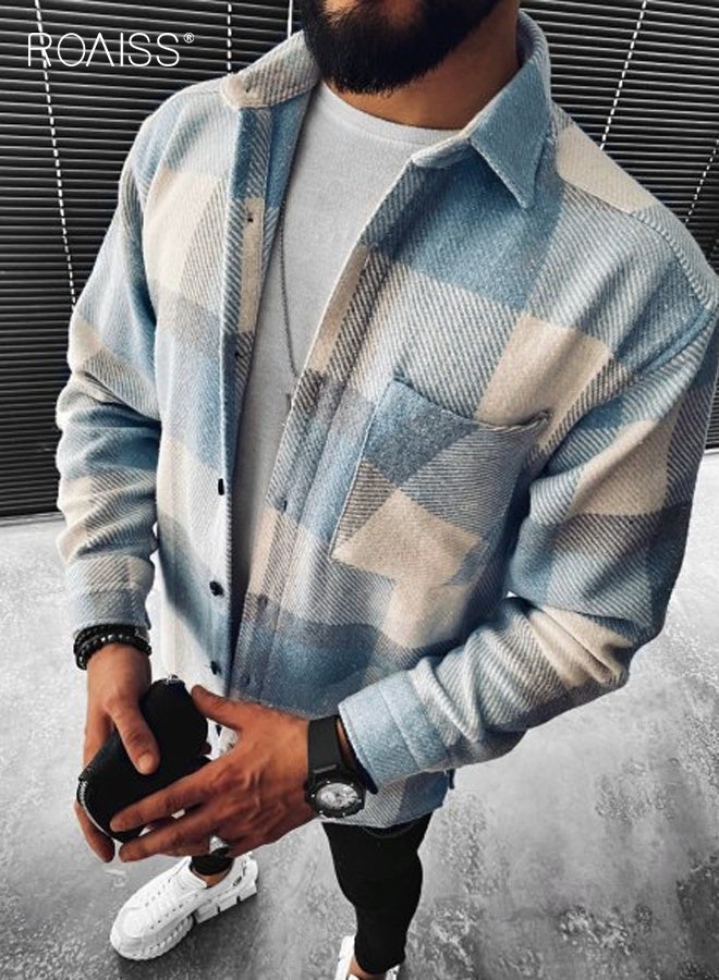 رويس قميص رجالي من الصوف الثقيل بأكمام طويلة وقميص منقوش من الفلانيل وأزرار وربطة عنق وأكمام طويلة وقميص رجالي كاجوال عصري وإصدار فضفاض للرجال للعمل والمكتب - Image 2